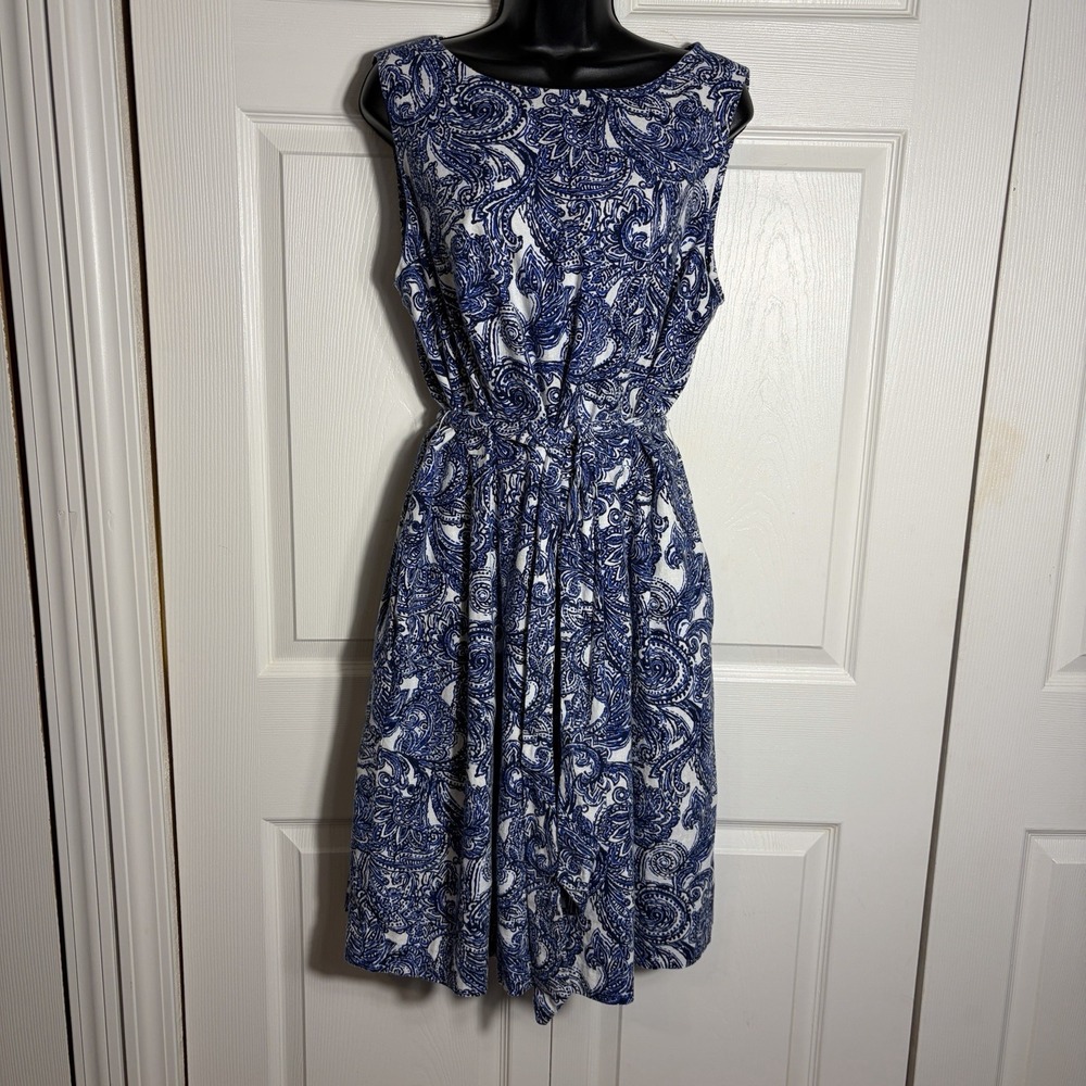 Anne Klein Linen Blend Dress Women 16 White Blue Paisley Cotton Blend Belt Boho